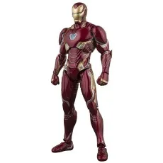 A full-body shot of the Iron Man Mark 50 armor action figure from Avengers Infinity War, with metallic red and gold plating.