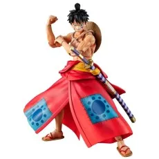 A Monkey D. Luffy action figure in a red samurai outfit with his katana and a raised fist.