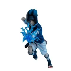 A crouching Sasuke action figure with a focused expression, holding a blue lightning effect in his hand