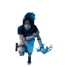 A crouching Sasuke action figure with glowing red eyes, holding a translucent blue lightning effect in his hand
