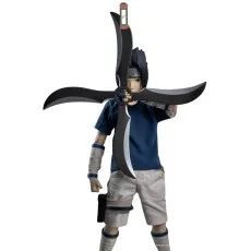 A Sasuke action figure holding a large, four-bladed shuriken in front of its face