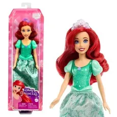 A Disney Princess Ariel doll in a pink box and an out-of-box view, wearing a green dress