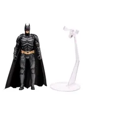A standing Batman action figure with a black cape next to a clear, adjustable display stand