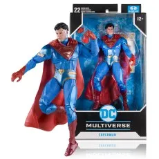 A DC Multiverse Superman action figure in a blue and red suit, shown both in and out of its box.