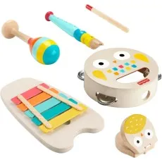 A collection of wooden Fisher-Price musical toys, including a maraca, flute, drumstick, tambourine, xylophone, and clapper