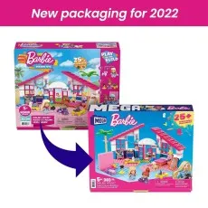 An image showing the updated product packaging for the MEGA Barbie Malibu House set, indicating the change for 2022