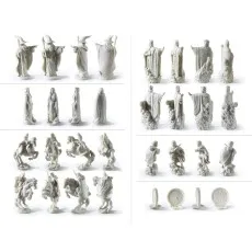 A collage showing detailed close-ups of all the white chess pieces from the set