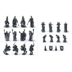A collage showing detailed close-ups of all the black chess pieces from the set