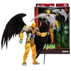 A McFarlane Toys Spawn Reaper action figure with large black wings, a scythe, and its box.