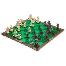 A diagonal, eye-level shot of the Minecraft chess set, showing a different angle of the board and pieces from a player's perspective