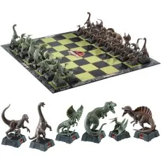 A full Jurassic Park-themed chess set with a close-up of individual dinosaur pieces