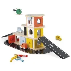 A colorful Janod wooden toy garage with a ramp, cars, and a helicopter.