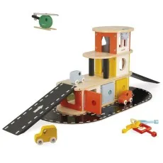 A Janod brand wooden garage with a helipad, cars, and a ramp.