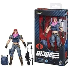 A boxed G.I. Joe Classified Series Cobra Zandar action figure and a full shot of the figure with all its accessories laid out