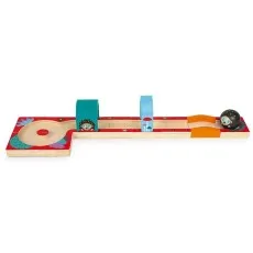 A Janod wooden maze toy is shown assembled into a long, straight path