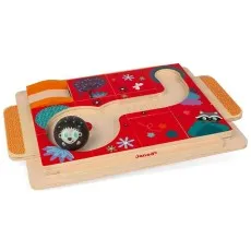 A Janod wooden maze toy with a hedgehog and raccoon, set in a forest theme