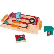 A Janod wooden maze toy with its interchangeable pieces disassembled