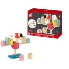 A Janod flamingo balancing game is shown in and out of its box