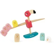 A Janod flamingo balancing toy with four bird pieces on the left side and two pieces on the right