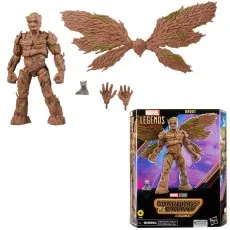 A Marvel Legends Groot action figure with his box, extra hands, a baby Rocket Raccoon, and large wings.
