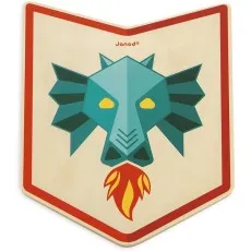 A close-up of a Janod wooden toy shield with a stylized, geometric blue dragon head breathing fire