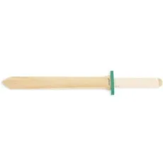 A close-up of the wooden toy sword with a green crossguard and a white-wrapped handl