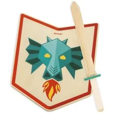 A top-down view of the wooden Janod toy shield and sword set, featuring a blue dragon design