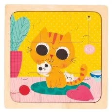 A wooden 9-piece tray puzzle for toddlers featuring a charming orange cat with two white kittens