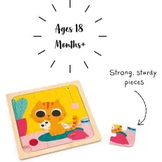 The cat wooden tray puzzle with an illustration highlighting it's for Ages 18 Months+ and has strong, sturdy pieces