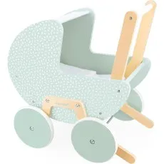 A Janod wooden toy pram in light mint green with a white speckled leaf pattern and natural wood handlesframe