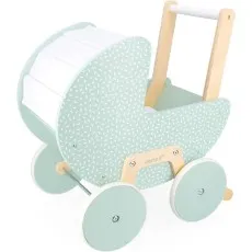 A mint green wooden doll's pram with a white speckled leaf pattern, natural wood frame, and a folding white canopy