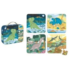 A children's dinosaur puzzle set is shown, with the box on the left and four completed puzzle pictures on the right. One piece is missing.
