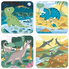 A set of four dinosaur puzzles featuring a T-Rex, Triceratops, long-necked Sauropods, and Pterodactyls.