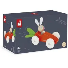 The dark blue Janod retail box for the wooden Carrot Car toy with a rabbit driver