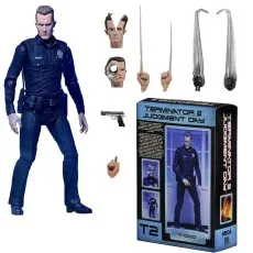 The T-1000 action figure in a police uniform stands with his different heads, hands, weapons, and the box displayed around him.