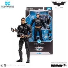 A McFarlane Toys Batman action figure from The Dark Knight Trilogy is shown in and out of its packaging.