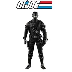 Snake Eyes G.I. Joe action figure in black tactical suit, standing, with the logo above