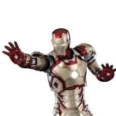 Close-up of the Iron Man Mark 42 or 43 action figure in red and gold armor with hands outstretched