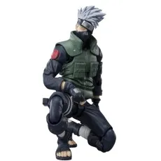 Kakashi Hatake action figure from Naruto, kneeling and looking up, in his green vest