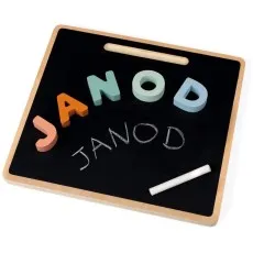 A children's chalkboard with a handle, featuring pastel wooden letters and a piece of chalk.