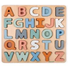 A Janod brand wooden alphabet puzzle with every letter in place.