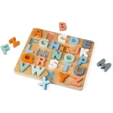 A Janod brand wooden alphabet puzzle with several letters removed.