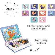 A graphic for the Janod Magnéti'book, showing the contents, age recommendation, and features.