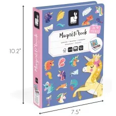 The Janod Magnéti'book with a unicorn theme, showing its dimensions of 10.2 by 7.5 inch.
