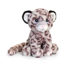 Seated plush toy of a snow leopard cub with blue eyes and a fuzzy spotted coat