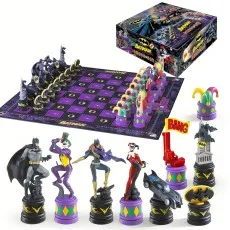 A Batman vs. Joker chess set featuring detailed figurines of DC Comics characters.