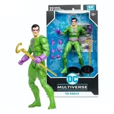 McFarlane DC Multiverse The Riddler action figure with his question-mark cane, inside and outside the box..