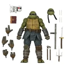 NECA Last Ronin (TMNT) action figure with interchangeable parts, weapons, pet, and accessories laid out.