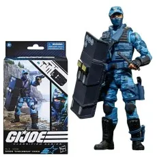 G.I. Joe Classified Series Jason Shockwave Faria figure in blue camo with riot shield and baton, next to box.