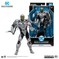 DC Multiverse Injustice 2 Brainiac figure in white and pink armor, holding multiple gray tentacle weapons, with box.